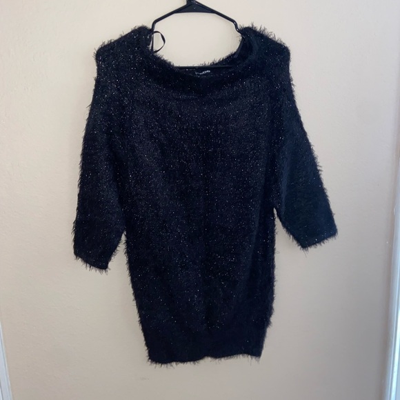 Bebè designer black fur fuzzy coat mini dress longsleeve sparkles cute pull over - Picture 4 of 11